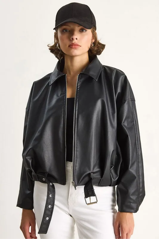 Faux Leather Bomber Jacket with Zipper Closure - Bianco Lucci