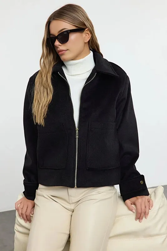 Plain Zip Through Collared Wool Look Casual Jacket - WOVCOR