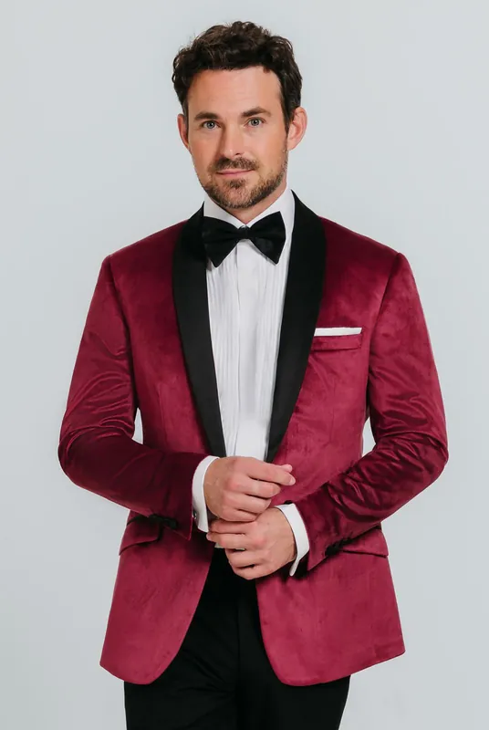 Burgundy Velvet Slim Fit 2 Piece Tuxedo with Contrast Shawl Lapel - Dobell