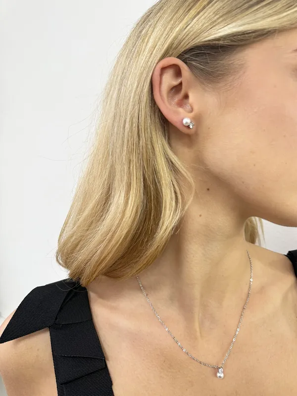 Pearl Diamante Necklace and Earrings Set in Silver - SVNX