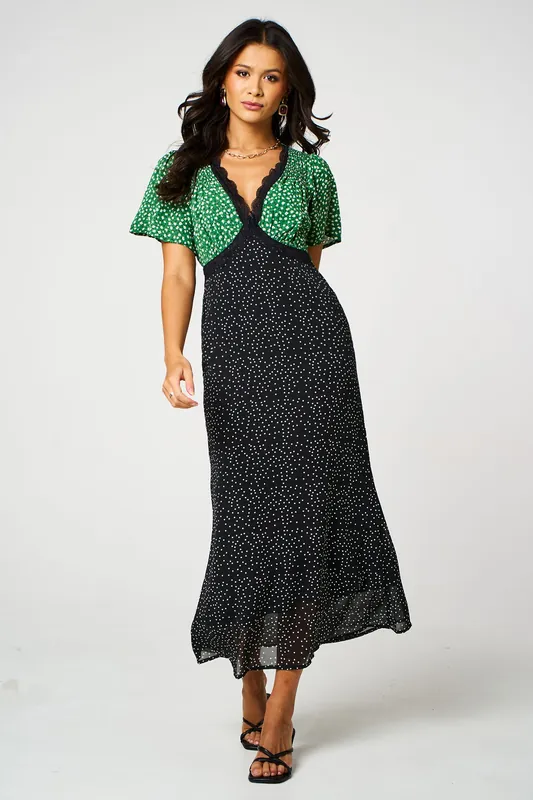Floral Dot Print Lace Trim V-Neck Angel Sleeve Midi Dress