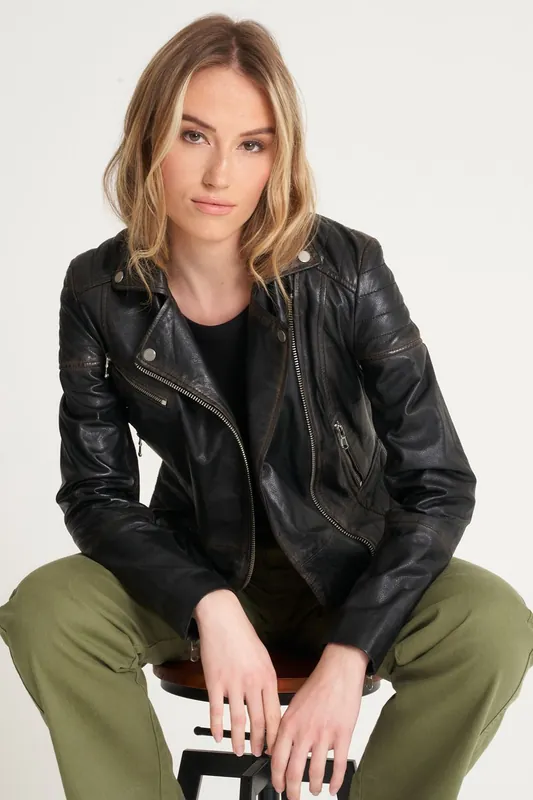 Washed Leather Biker Jacket - Barneys Originals