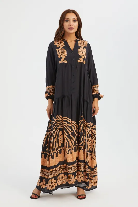 Abstract V Neck Buttoned Long Sleeve Maxi Dress - Hiccup