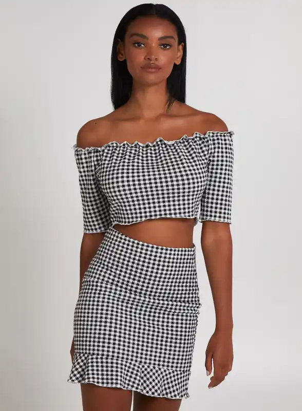 Frill Detail Gingham Bardot Top - Pink Vanilla