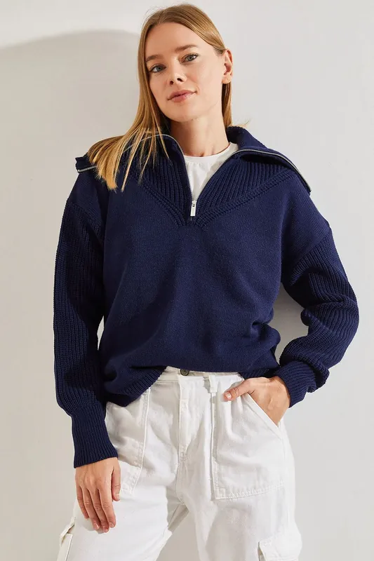 Zipper Collar Knit Sweater - Bianco Lucci