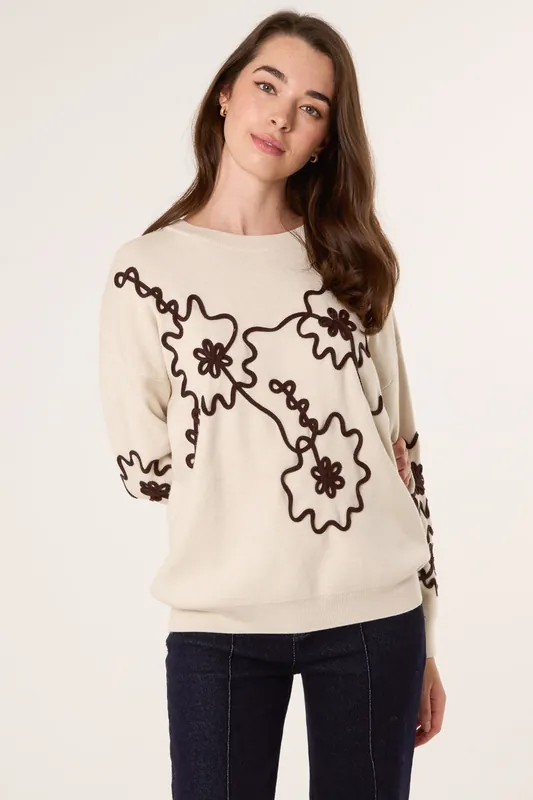 Light Brown Floral Embroidery Detailed Jumper - Blue Vanilla