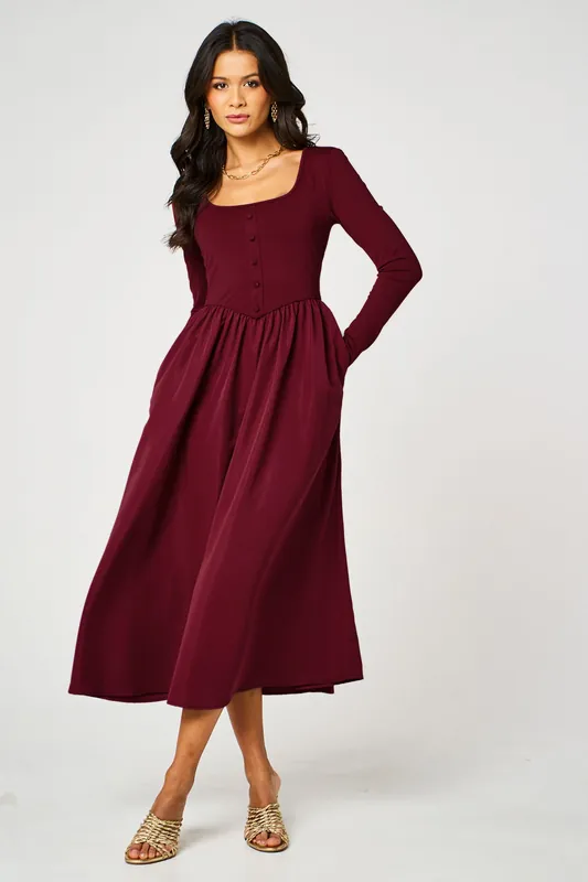 Long Sleeve Button Detail Midi Dress - FS Collection