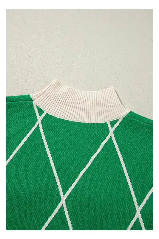 Dark Green Diamond Pattern Pom Accents Contrast Trim High Neck Sweater - Everyday The Label