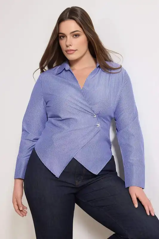 Pinstripe Wrap Detail Button Up Woven Shirt - WOVCOR