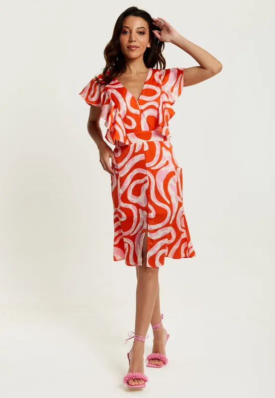 Pink And Red Abstract Print Midi Dress With Frill Details - Liquorish