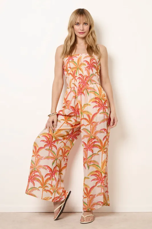 Multi Side Split Flare Leg Tropical Jumpsuit - Blue Vanilla