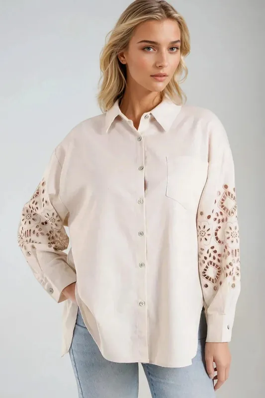 Beige Embroidered Sleeve Linen Blend Shirt - Aftershock London