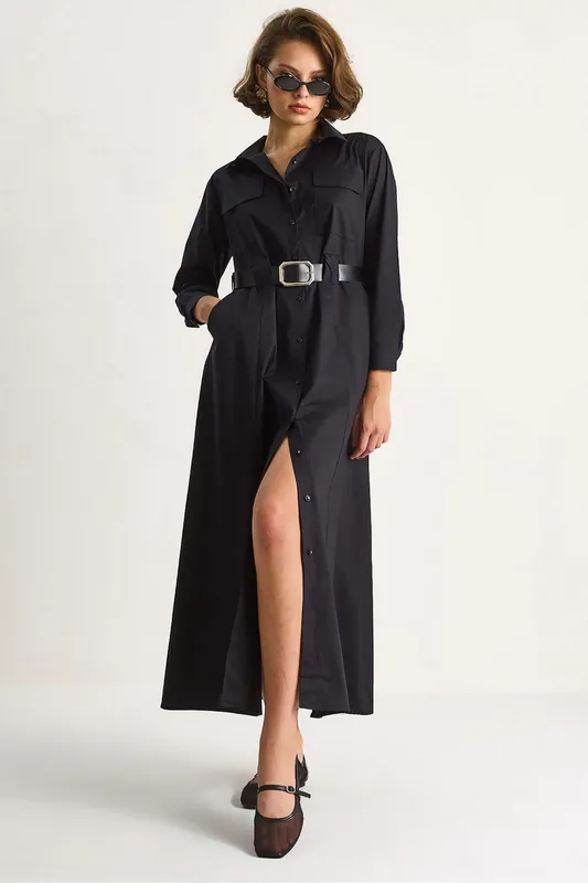 Long Sleeve Maxi Dress with Button Closure and Shirt Collar - Bianco Lucci