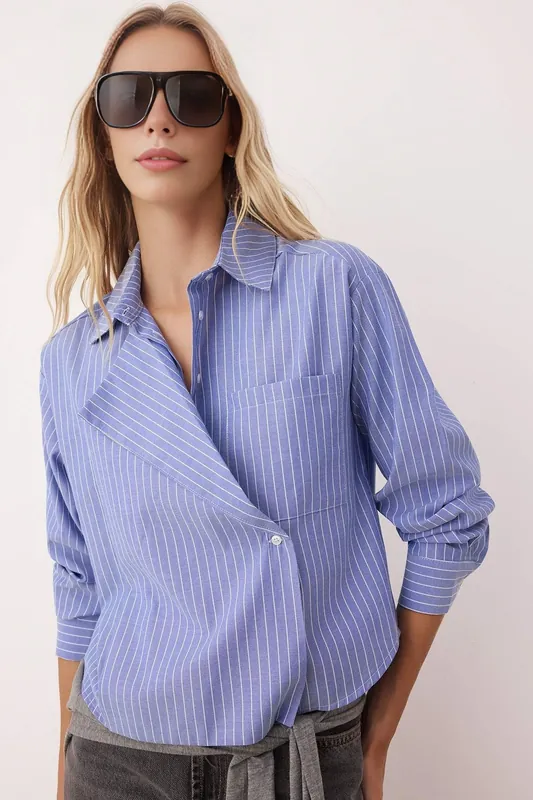 Striped Woven Shirt with Jacket-Style Collar
