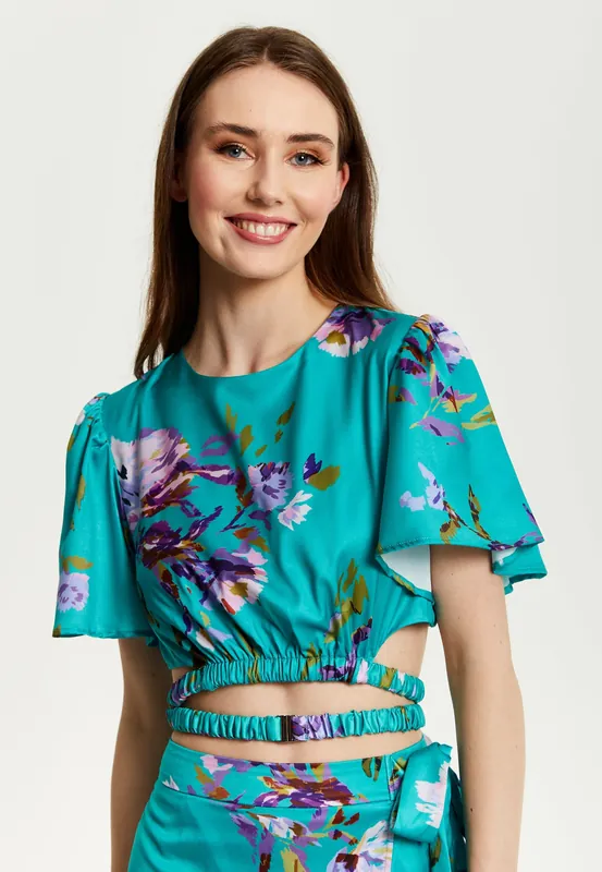 Green Floral Print Crop Top With Tie Details - Liquorish