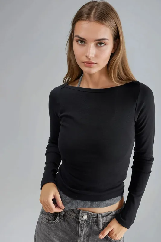 Slim Fit Ribbed Boat Neck Blouse - Busem
