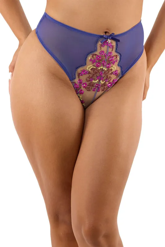 Thea Blue Baroque Embroidery 'High Waist Thong' - Playful Promises