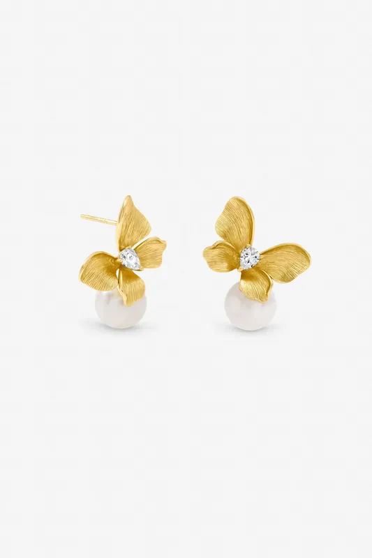 Gold Plated Satin Butterfly and Pearl Drop Earrings - Jon Richard