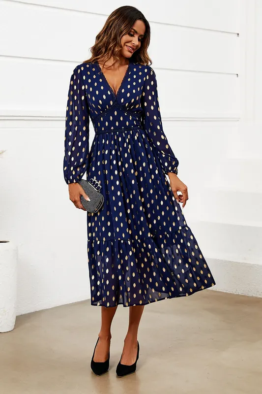 Gold Foil Lace Trim Long Sleeve Midi Dress - FS Collection