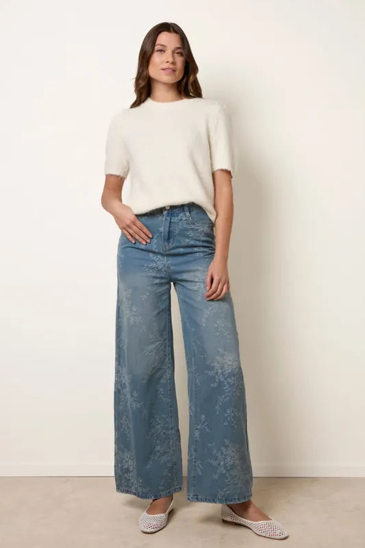 Blue Floral Print Jeans - Blue Vanilla