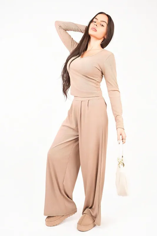 Enaya V Neck Long Sleeve Ribbed Top & Wide Leg Trousers Co-ord Set