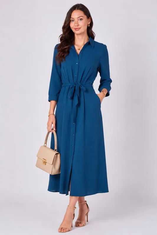 Teal Button Front Belted Maxi Shirt Dress - Love Sunshine