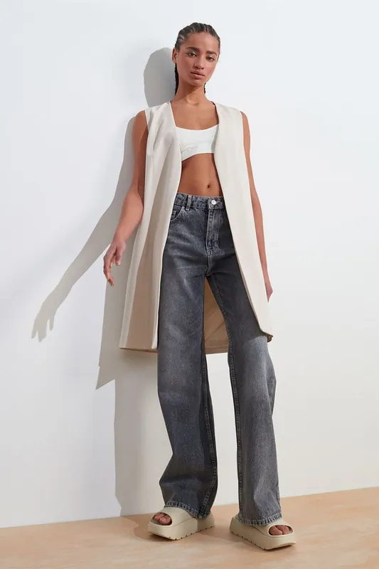 Long Woven Crepe Waistcoat With Cut-out Detail