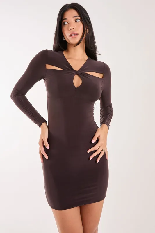 Cut Out Long Sleeve KeyHole Mini Dress - Pink Vanilla