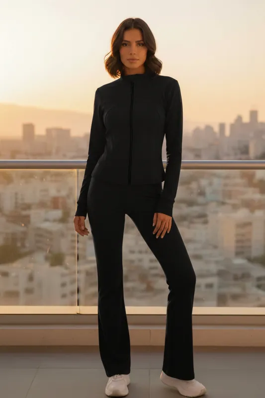 Zip Up Long Sleeve Lined Top with Flare Trouser Set - Femme Luxe