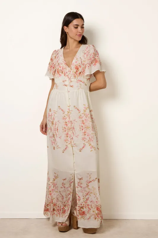 Cream and Pink Floral Print Button Front Maxi Dress - Blue Vanilla