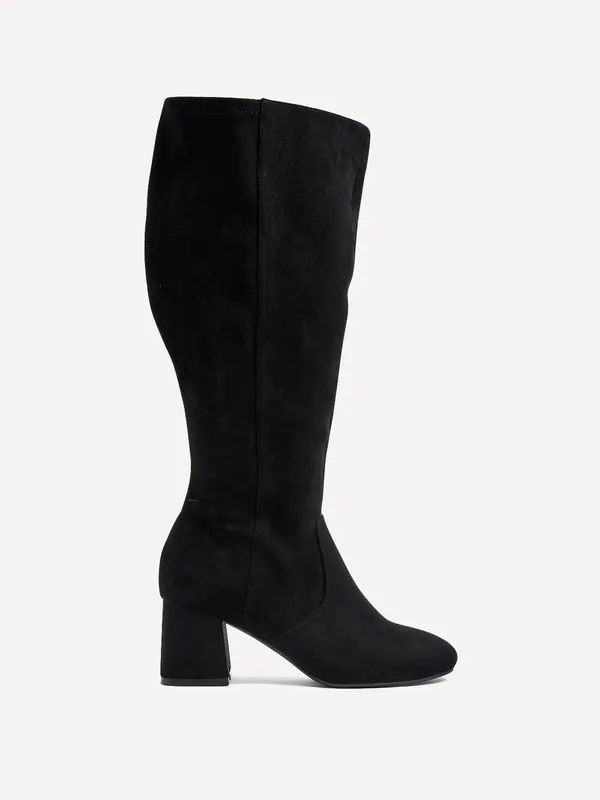 Fable Wide Fit Black Faux Suede Knee High Block Heeled Boot - Linzi