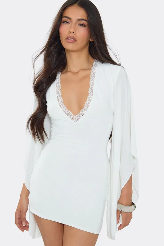 Long Sleeve Lace Trim Mini Dress - EGO