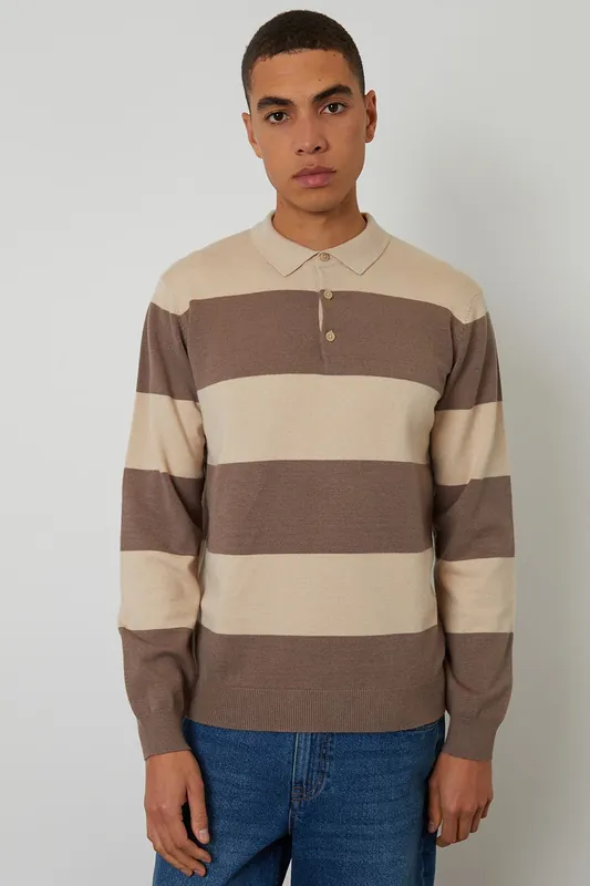 Striped Knitted Rugby Polo Jumper - Threadbare
