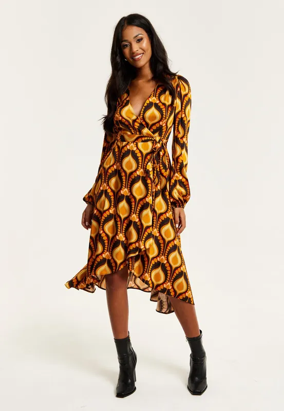 Balloon Sleeve Retro Print Midi Fake Wrap Dress - Liquorish
