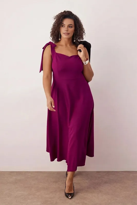 Tie Shoulder Sweetheart Neck A-Line Midi Dress