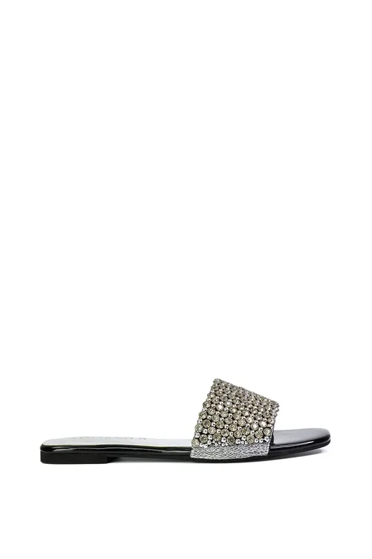 Daisy Jones' Slip On Slider Diamante Flat Sandals With Square Toe - XY London