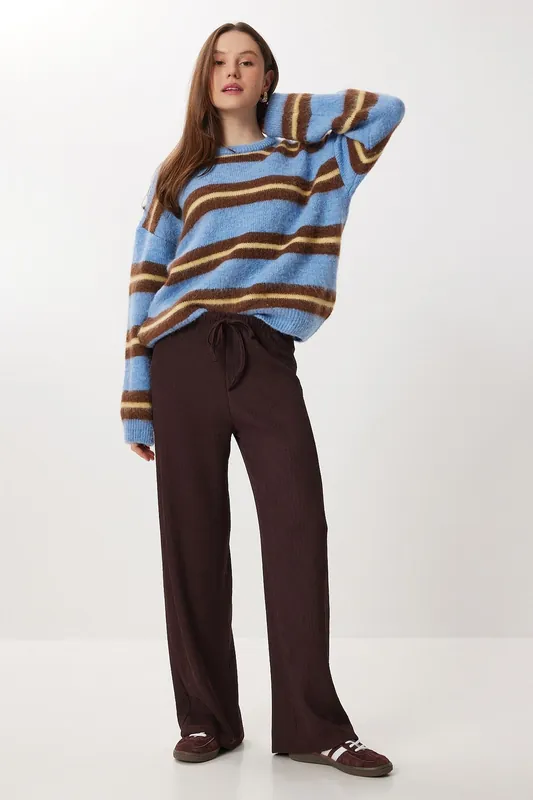 High Waist Textured Wide Leg Pants - Happiness Istanbul