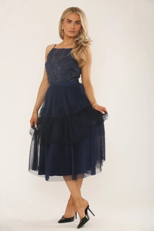 Navy Lace & Mesh Tiered Midi Dress - ELAINA FASHION