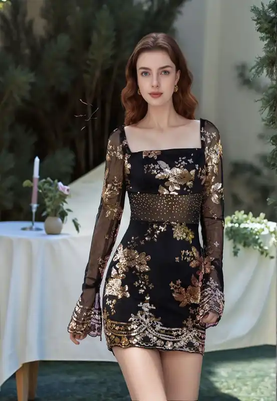 Black Sequin Long Sleeve Mini Dress - Divine Grace