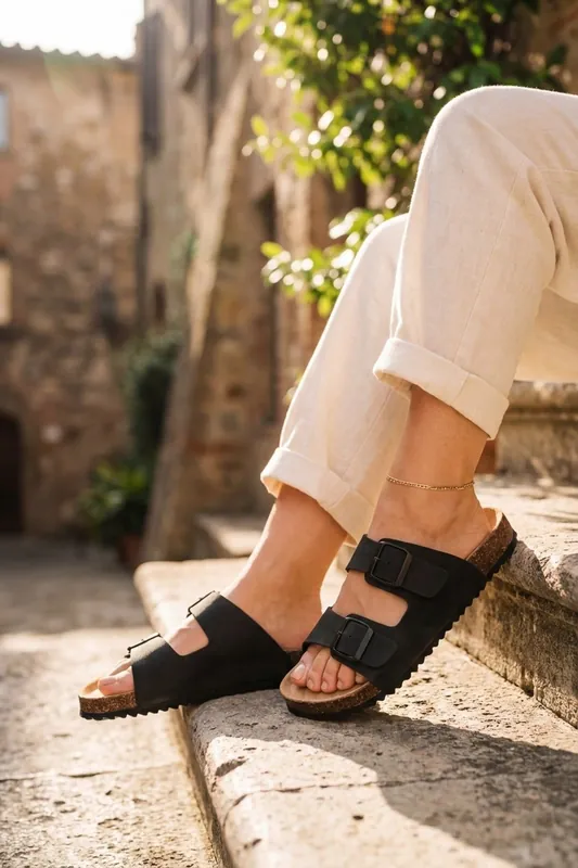 Harper Womens Double Buckle Cork Slide Sandals - IKRUSH