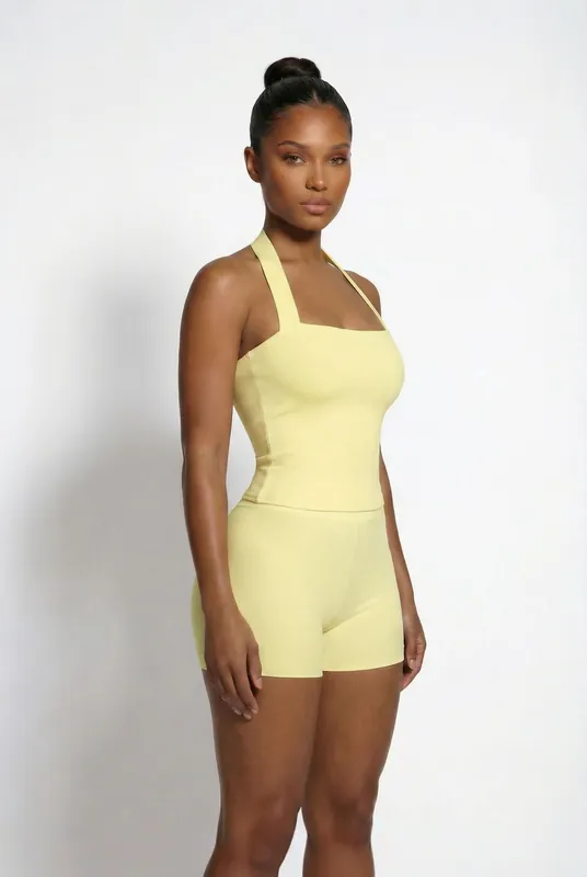 The Zariah Sculpt Bandage Halter Top, Yellow - LEMONLUNAR