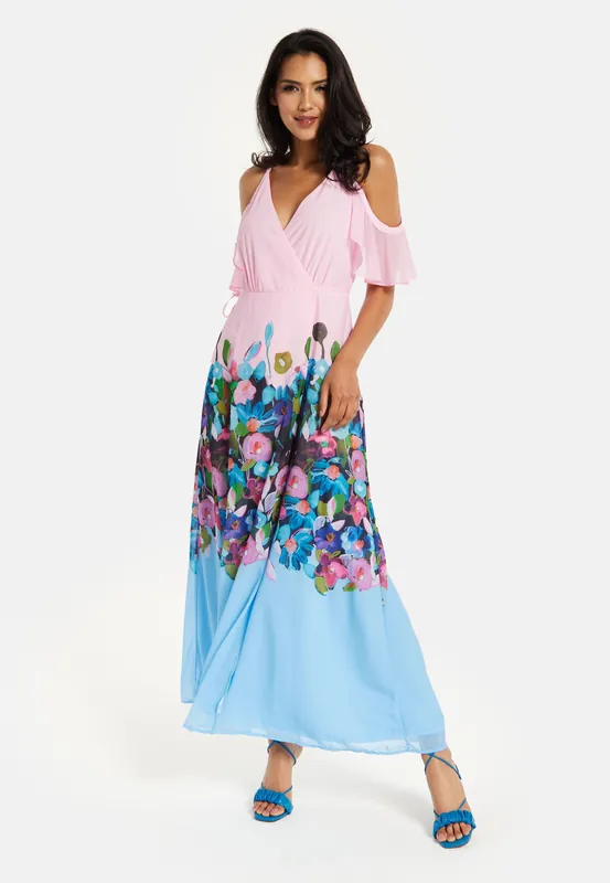 Floral Print Maxi Wrap Dress With Frill Details in Blue and Pink - Liquorish