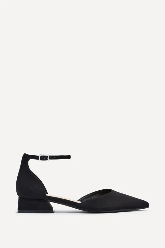 Dahlia Black Faux Suede Low Block Court Heel - Linzi