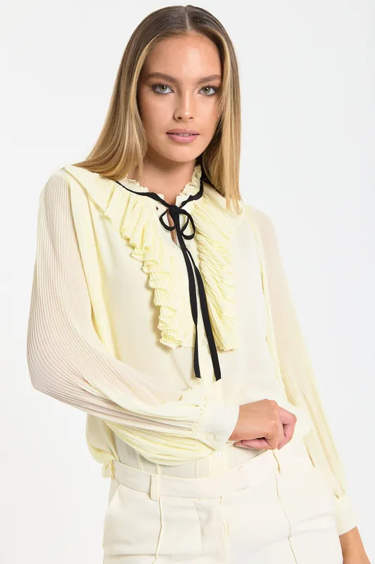 Yellow Tie Neck Pleated Sleeve Frill Blouse - Liquorish