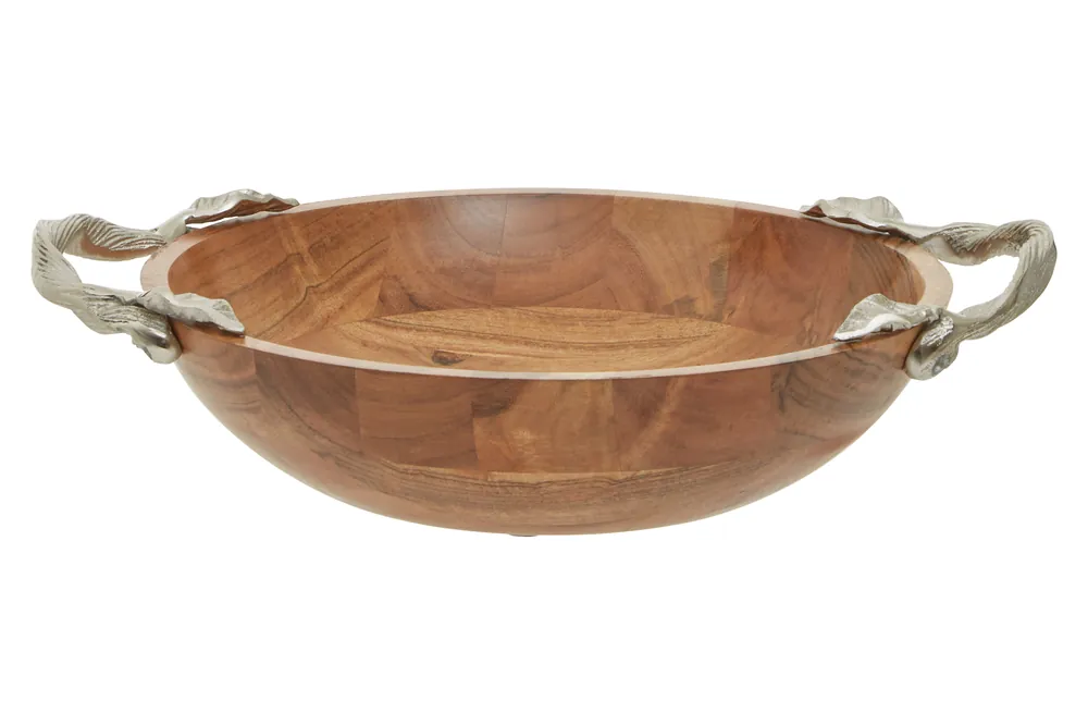 Acacia Wood Round Bowl, Hardwood Salad Tray With Metal Leaf Handles, Rustic Fruit Dish, Natural Timber Bowl - Orsina
