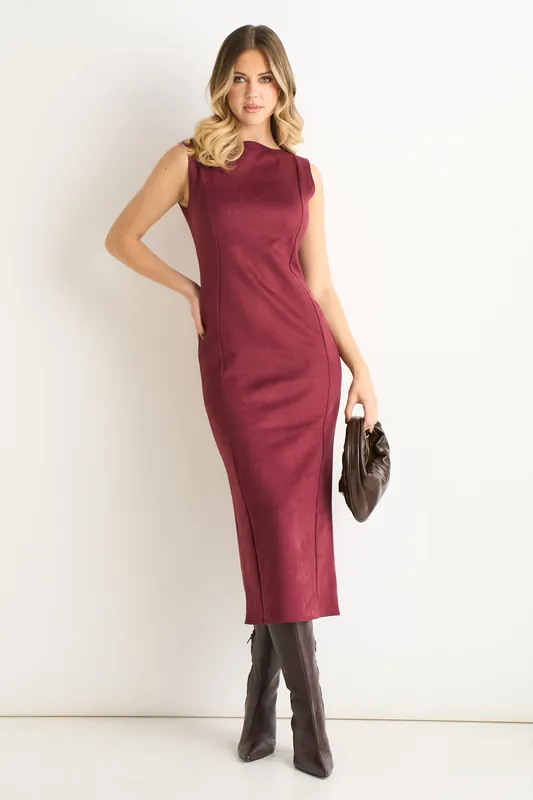 Mulberry Suede Pencil Dress - Gini London