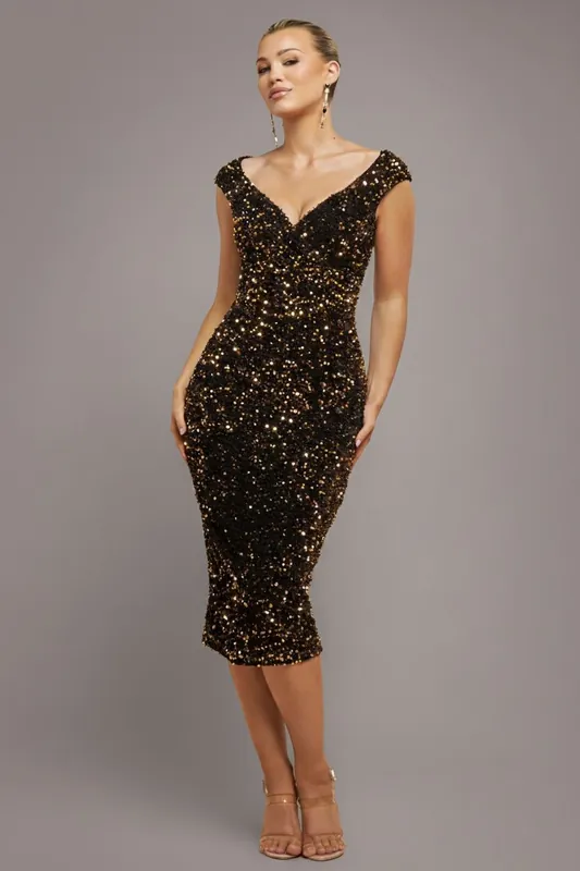 Multi Sequin & Velvet Bardot Midi - Goddiva