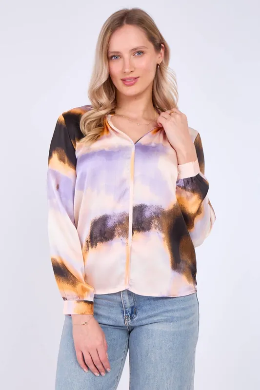 Purple and Brown Tie Dye Print Satin Blouse - Love Sunshine