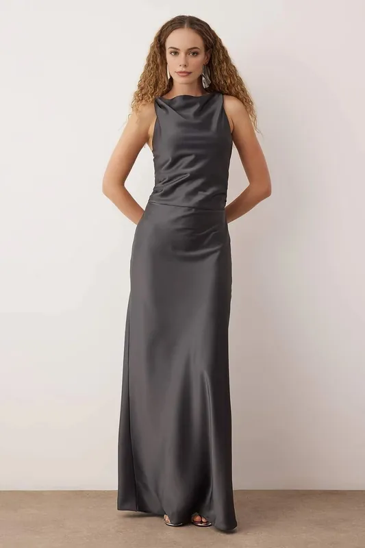 Satin Cowl Neck Sleeveless Maxi Evening Dress - WOVCOR