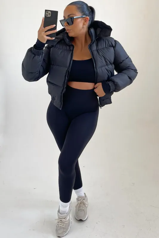 Black Padded Zip Up Hooded Puffer Coat - Femme Luxe